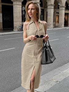 Khaki Cotton Linen Backless Halter Neck Midi Dress