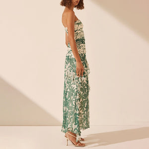 Printed Strapless Ruched Chiffon Maxi Dress