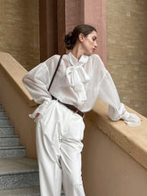 Laden Sie das Bild in den Galerie-Viewer, White Tie Bow Sexy Transparent Trumpet Sleeve Blouse
