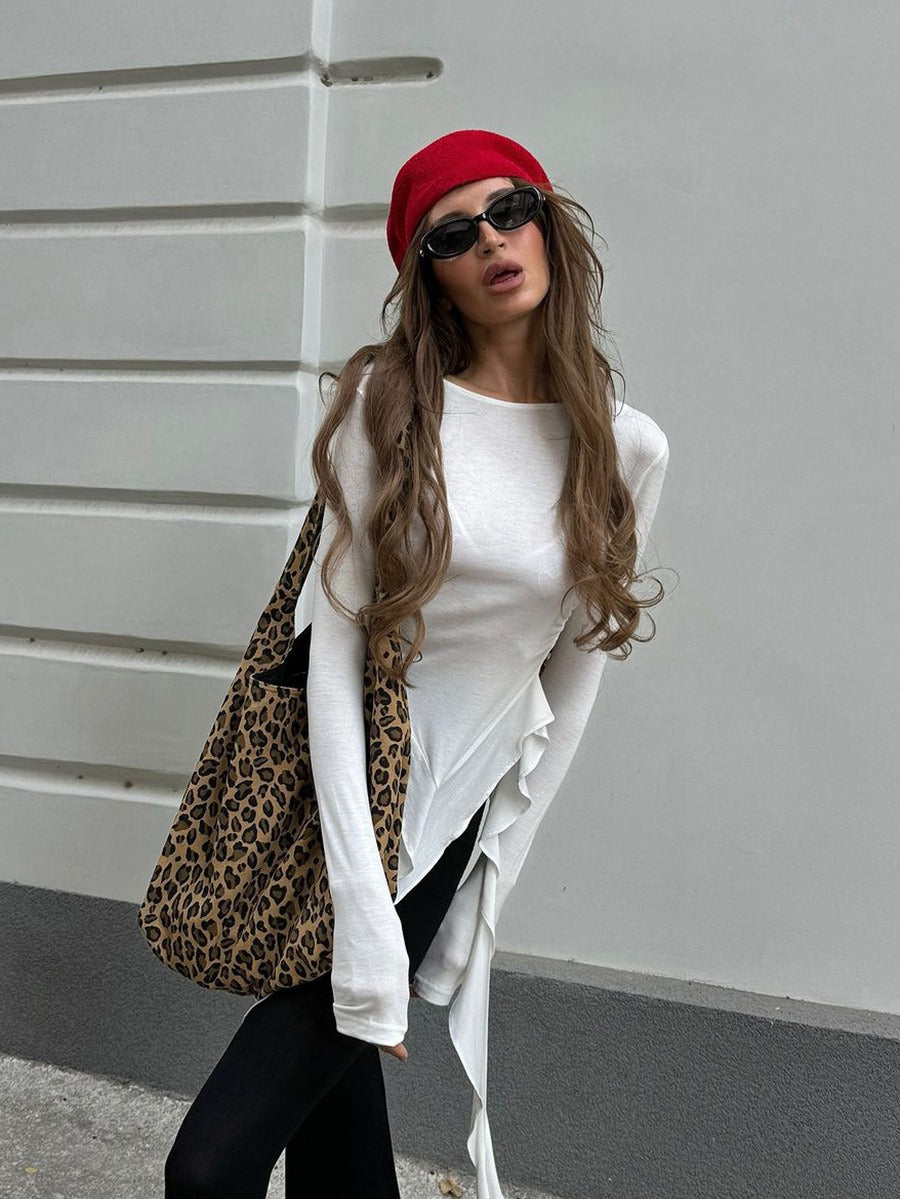 White Round Neck Asymmetrical T shirt