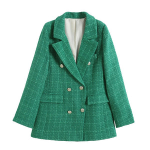 Women 4 Colors Textured Tweed Double Breasted Midi Blazer