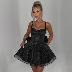 Spaghetti Strapless A Line Sequin Bow Party Dress