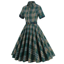 Load image into Gallery viewer, Vintage Elegant England Style Plaid Spliced Fit Flare Midi Dress
