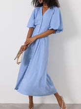 Charger l&#39;image dans la galerie, Elegant Blue Cotton Linen V Neck Puff Sleeve Button Up Midi Dress
