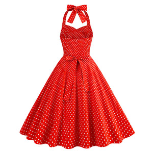 Vintage Polka Dot Halter Neck High Waist Performance Tie Dress Bridesmaid Picnic Fit Flare Midi Dress