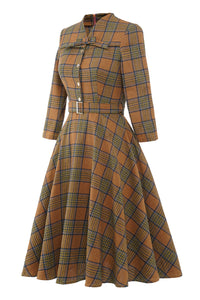 French Style 3/4 Sleeve Autumn Winter Plaid Tie England Style Tie Bow Big Flare Midi Dress