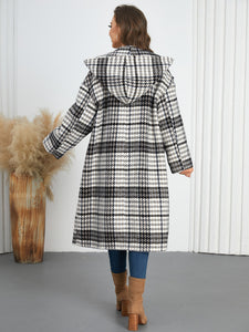 Women Hooded Plaid Double Breasted Overcoat