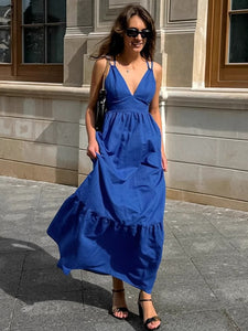 Blue Cotton Linen V Neck Spaghetti Backless Tiered Maxi Dress