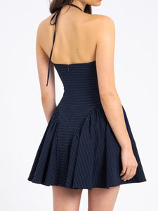 Striped Halter Neck Backless Mini Flare Dress