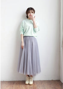 Spring Summer Fashion Tulle High Waist A Line Fairy Midi Pleated Puffy Skirt