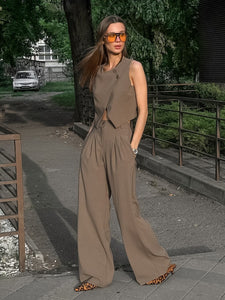 Women Khaki Sleeveless Waistcoat Pants Two Piece Sets