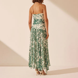 Printed Strapless Ruched Chiffon Maxi Dress