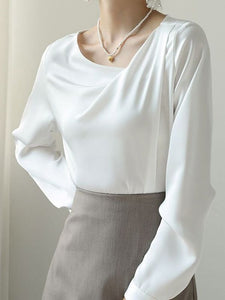 French Style White Satin Irregular Blouse