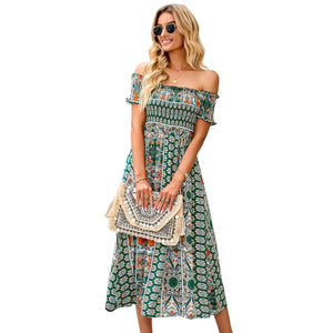 Off Shoulder Floral Printed Flare Midi Bohemian Dress