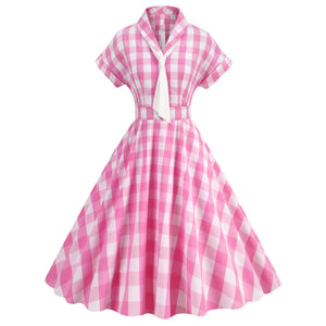 Cosplay Vintage Pink Plaid Bow Tie Midi Flare Dress