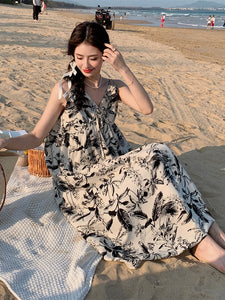 Wash Painting V Neck Spaghetti Maxi Beach Dress Tea Dress