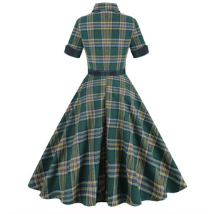Vintage Elegant England Style Plaid Spliced Fit Flare Midi Dress