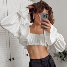 Laden Sie das Bild in den Galerie-Viewer, White Imitated Acetate Square Neck Satin Frill Sleeve Crop Blouse
