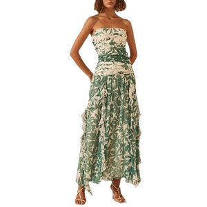 Printed Strapless Ruched Chiffon Maxi Dress