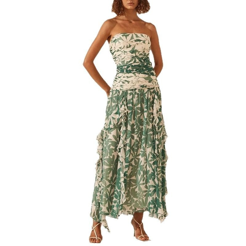 Printed Strapless Ruched Chiffon Maxi Dress