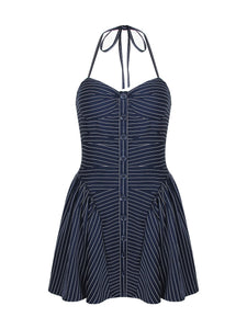 Striped Halter Neck Backless Mini Flare Dress