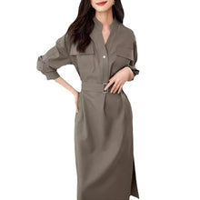 Charger l&#39;image dans la galerie, Elegant Solid OL Stand V Neck Long Sleeve Dress
