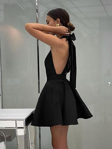 Black High Waist Halter Neck Mini Flare Dress