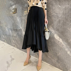 Irregular Pleated High Waist Midi Flare Skirt