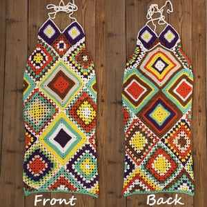 Halter Neck Handmade Colorful Geometrical Pattern Maxi Crochet Dress