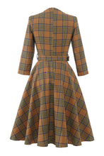 Load image into Gallery viewer, French Style 3/4 Sleeve Autumn Winter Plaid Tie England Style Tie Bow Big Flare Midi Dress
