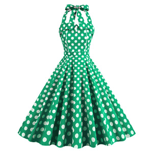 Vintage Cotton Polka Dot Halter Neck Performance Dress Tie Photo Shooting Picnic Big Flare Midi Dress