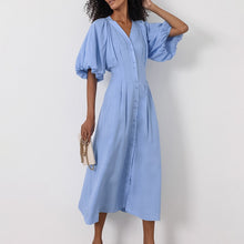 Charger l&#39;image dans la galerie, Elegant Blue Cotton Linen V Neck Puff Sleeve Button Up Midi Dress
