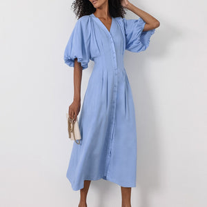 Elegant Blue Cotton Linen V Neck Puff Sleeve Button Up Midi Dress