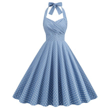Load image into Gallery viewer, Vintage Polka Dot Halter Neck High Waist Performance Tie Dress Bridesmaid Picnic Fit Flare Midi Dress
