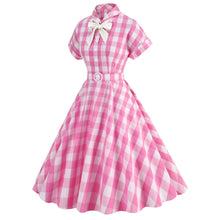 Load image into Gallery viewer, Cosplay Vintage Pink Plaid Bow Tie Midi Flare Dress
