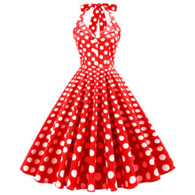 Load image into Gallery viewer, Vintage High Waist Turn-down Collar Polka Dot Holiday Banquet Halter Neck Backless Sexy Big Flare Midi Dress
