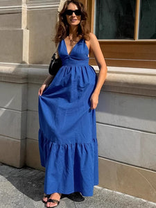 Blue Cotton Linen V Neck Spaghetti Backless Tiered Maxi Dress