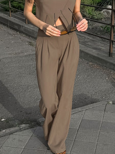 Women Khaki Sleeveless Waistcoat Pants Two Piece Sets