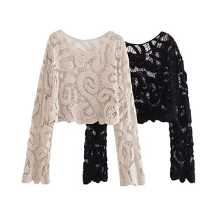 Long Sleeve Crochet Floral Blouse Top