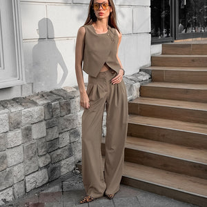 Women Khaki Sleeveless Waistcoat Pants Two Piece Sets