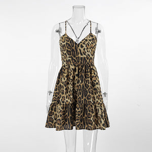 Sexy V Neck Spaghetti Chiffon Leopard Mini Dress