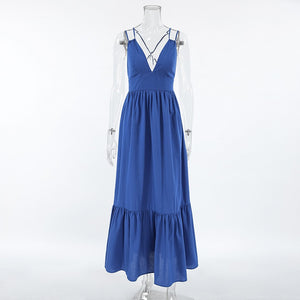 Blue Cotton Linen V Neck Spaghetti Backless Tiered Maxi Dress