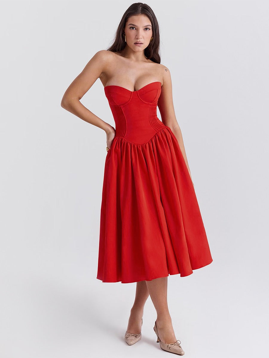 Sexy Strapless Flare Midi Dress