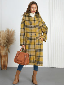 Women Hooded Plaid Double Breasted Overcoat