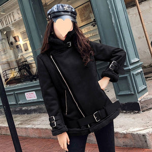 Add fleece and thick integrated motorcycle clothing for women 2024 winter new fried street imitation lamb hair thin short coat