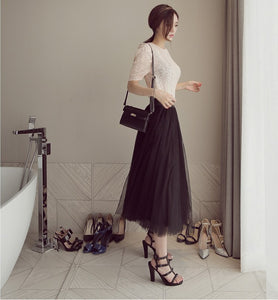 Spring Summer Fashion Tulle High Waist A Line Fairy Midi Pleated Puffy Skirt