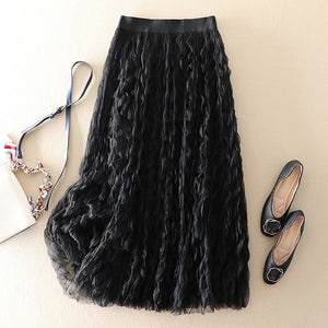 High Waist Tulle Wavy Crinkle Midi Puffy Skirt