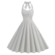 Laden Sie das Bild in den Galerie-Viewer, Vintage Polka Dot Halter Neck High Waist Performance Tie Dress Bridesmaid Picnic Fit Flare Midi Dress
