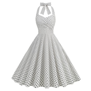 Vintage Polka Dot Halter Neck High Waist Performance Tie Dress Bridesmaid Picnic Fit Flare Midi Dress