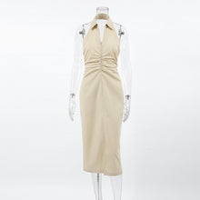 Charger l&#39;image dans la galerie, Khaki Cotton Linen Backless Halter Neck Midi Dress
